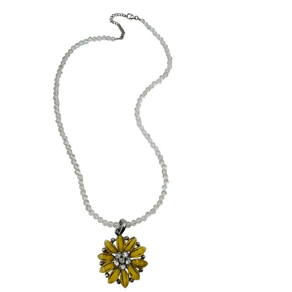1990's Yellow Sunflower Pendant Necklace w/Clear Beads Shimmer Flaked Petals - Picture 5 of 13
